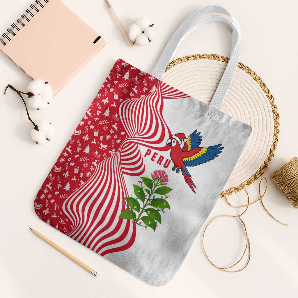 Peru Christmas Tote Bag with Santa Macaw Cantuta Flower Red Swirl Pattern and Festive Design - Wonder Print Shop