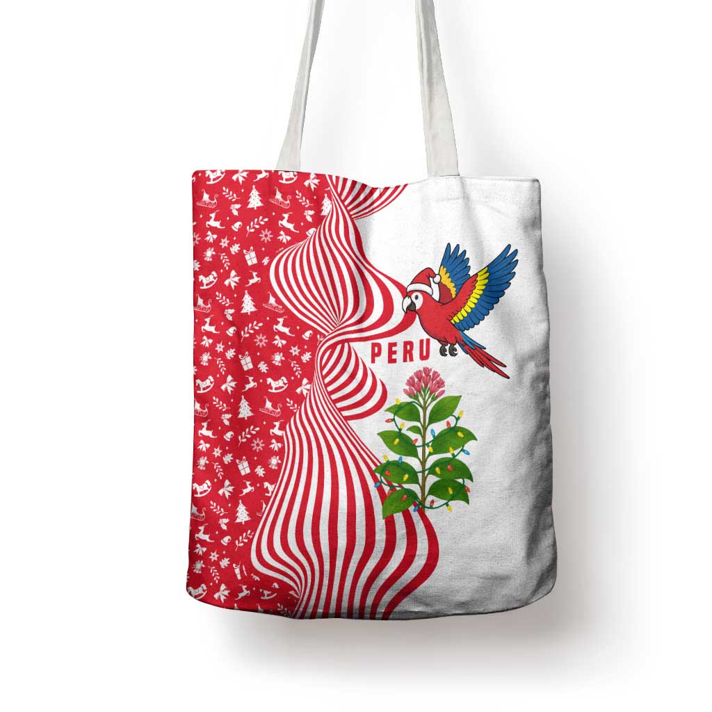Peru Christmas Tote Bag with Santa Macaw Cantuta Flower Red Swirl Pattern and Festive Design - Wonder Print Shop