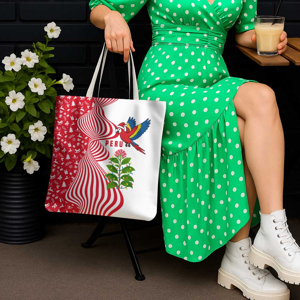 Peru Christmas Tote Bag with Santa Macaw Cantuta Flower Red Swirl Pattern and Festive Design - Wonder Print Shop