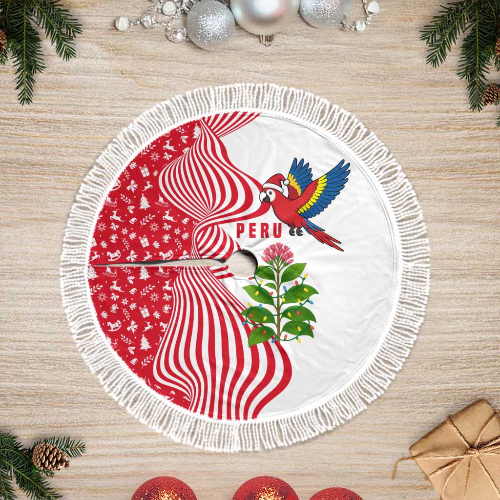 Peru Christmas Tree Skirt with Santa Macaw Cantuta Flower Red Swirl Pattern and Festive Design - Wonder Print Shop