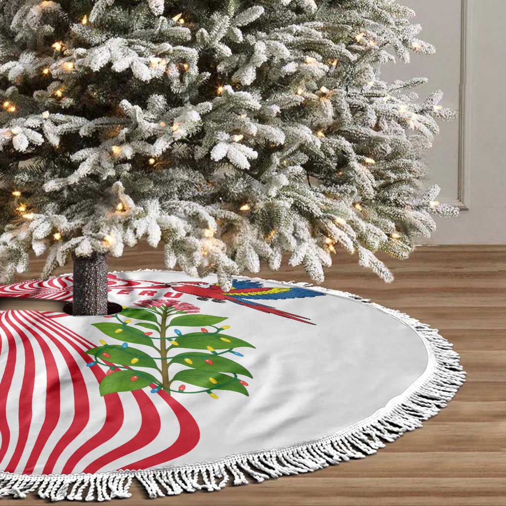 Peru Christmas Tree Skirt with Santa Macaw Cantuta Flower Red Swirl Pattern and Festive Design - Wonder Print Shop