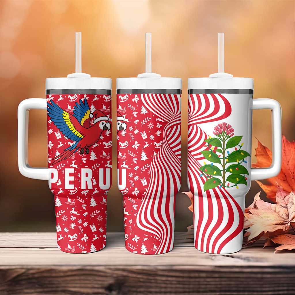 Peru Christmas Tumbler With Handle with Santa Macaw Cantuta Flower Red Swirl Pattern and Festive Design - Wonder Print Shop