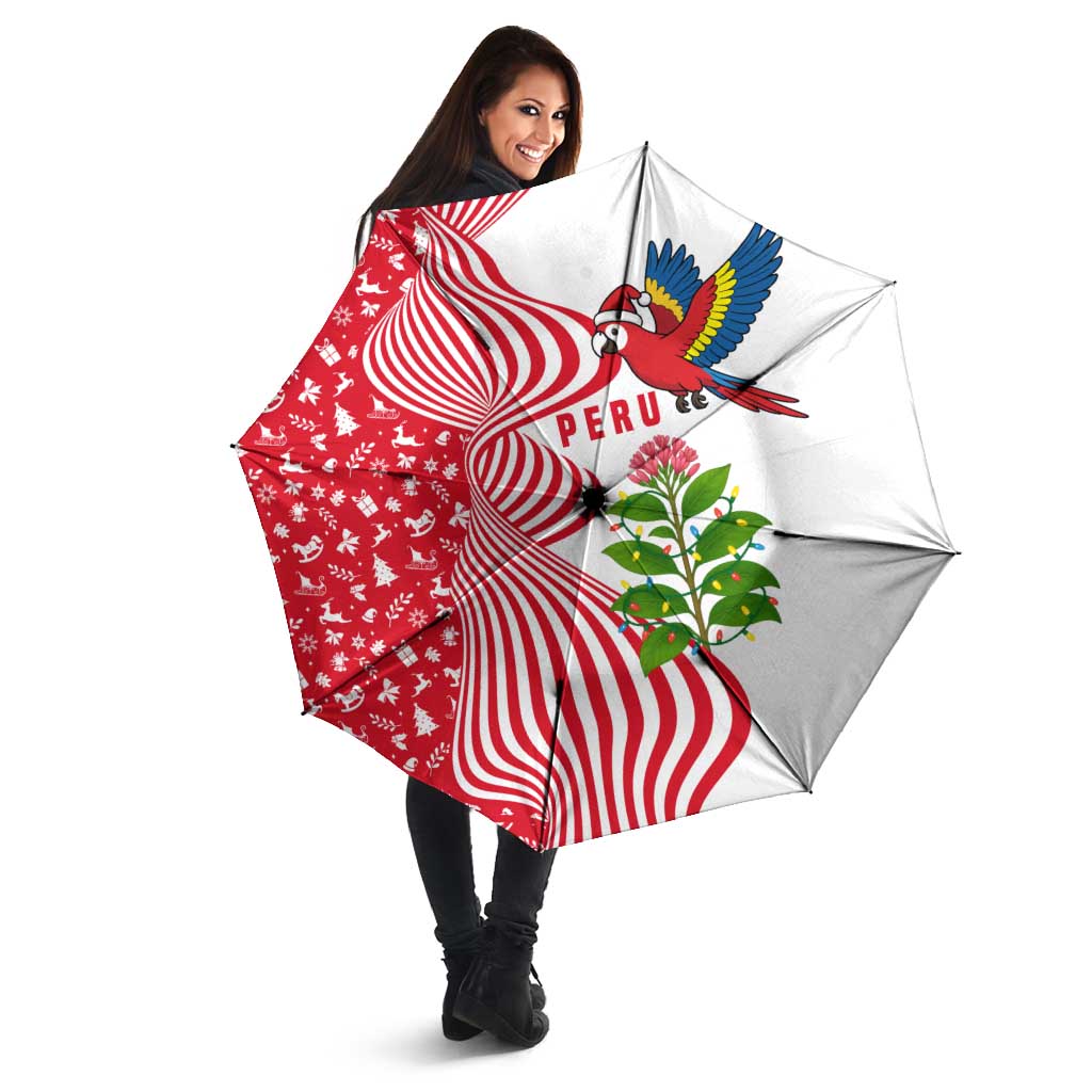 Peru Christmas Umbrella with Santa Macaw Cantuta Flower Red Swirl Pattern and Festive Design - Wonder Print Shop
