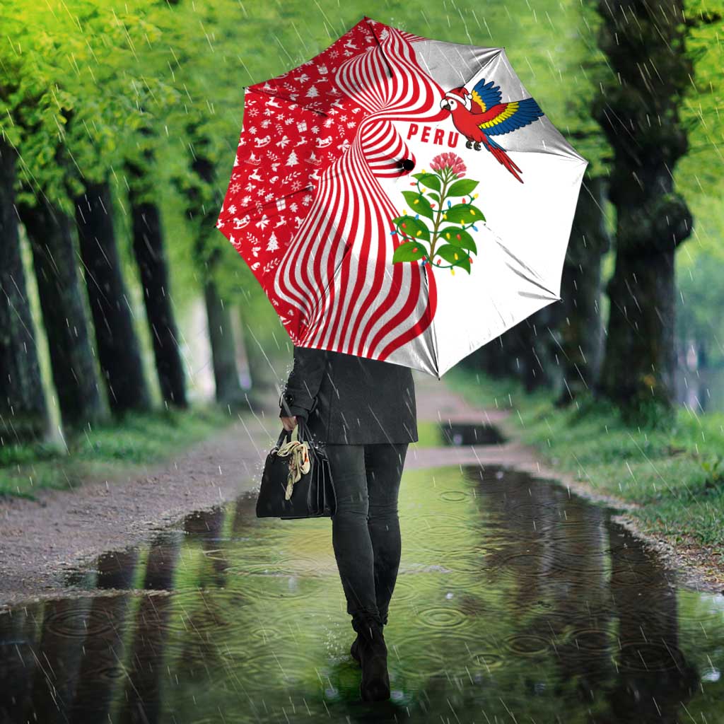 Peru Christmas Umbrella with Santa Macaw Cantuta Flower Red Swirl Pattern and Festive Design - Wonder Print Shop