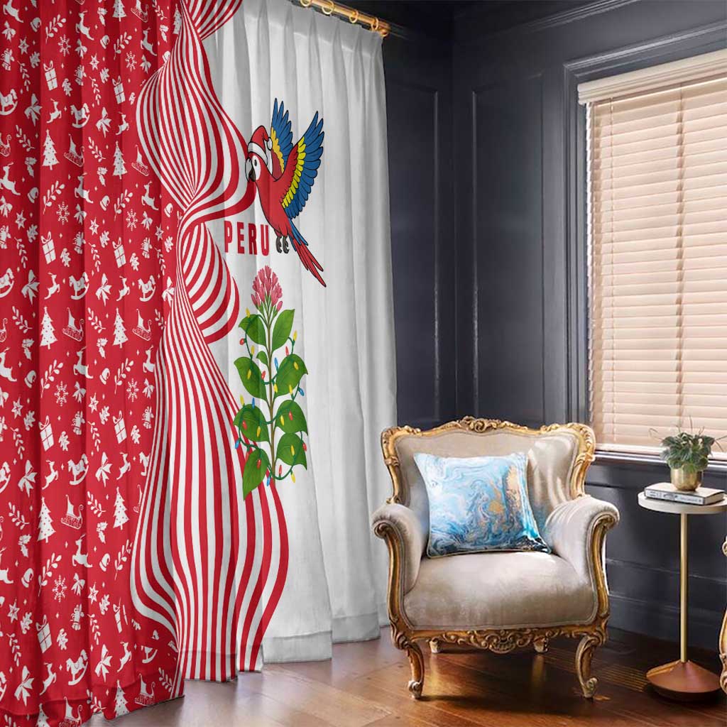 Peru Christmas Window Curtain with Santa Macaw Cantuta Flower Red Swirl Pattern and Festive Design - Wonder Print Shop
