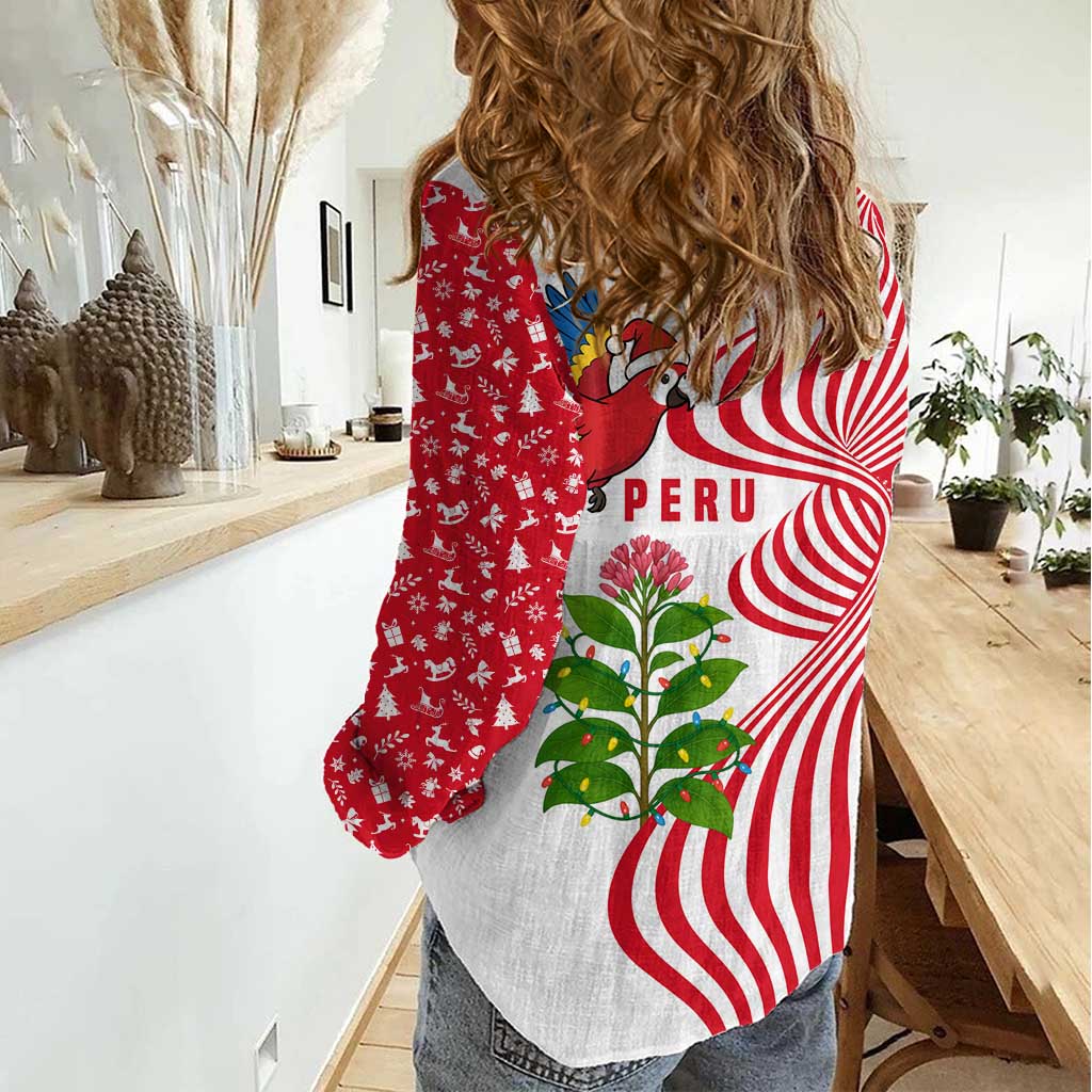 Peru Christmas Women Casual Shirt with Santa Macaw Cantuta Flower Red Swirl Pattern and Festive Design - Wonder Print Shop