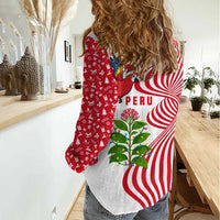 Peru Christmas Women Casual Shirt with Santa Macaw Cantuta Flower Red Swirl Pattern and Festive Design - Wonder Print Shop