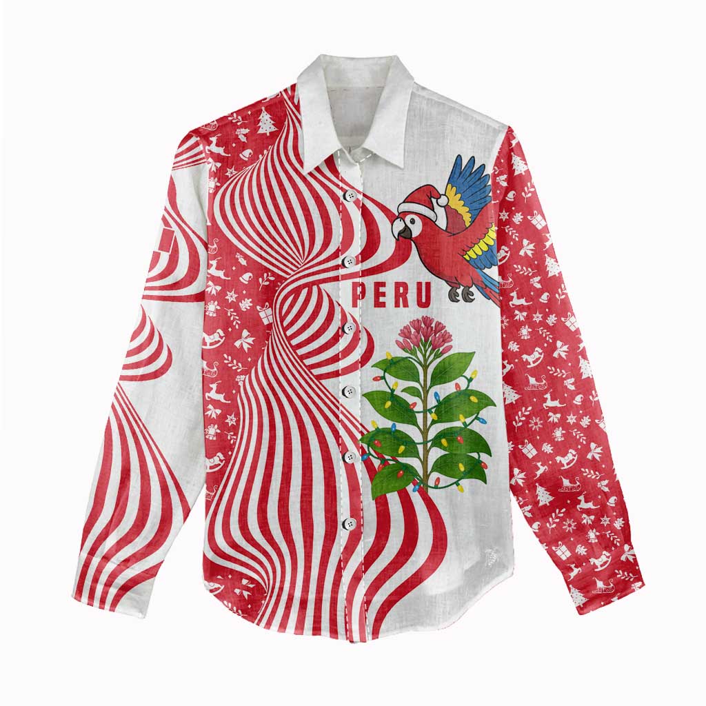 Peru Christmas Women Casual Shirt with Santa Macaw Cantuta Flower Red Swirl Pattern and Festive Design - Wonder Print Shop