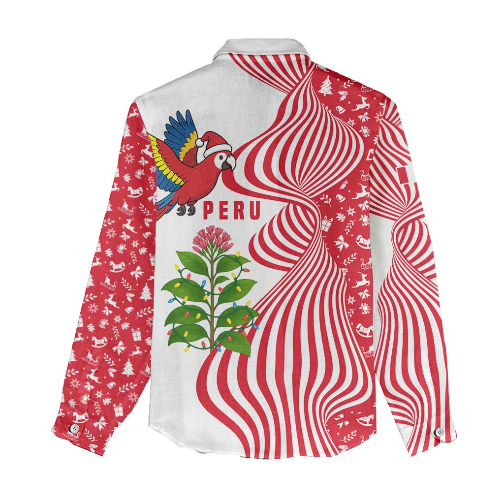 Peru Christmas Women Casual Shirt with Santa Macaw Cantuta Flower Red Swirl Pattern and Festive Design - Wonder Print Shop