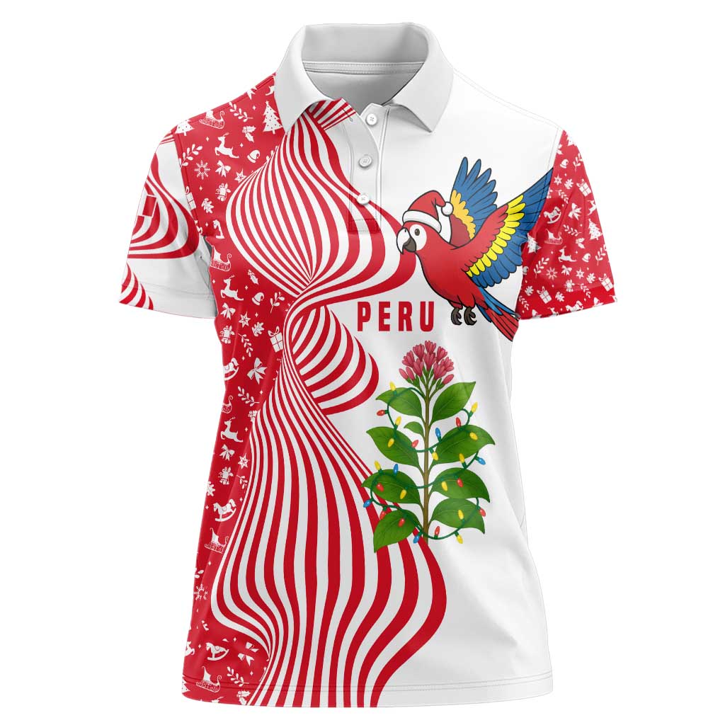 Peru Christmas Women Polo Shirt with Santa Macaw Cantuta Flower Red Swirl Pattern and Festive Design - Wonder Print Shop