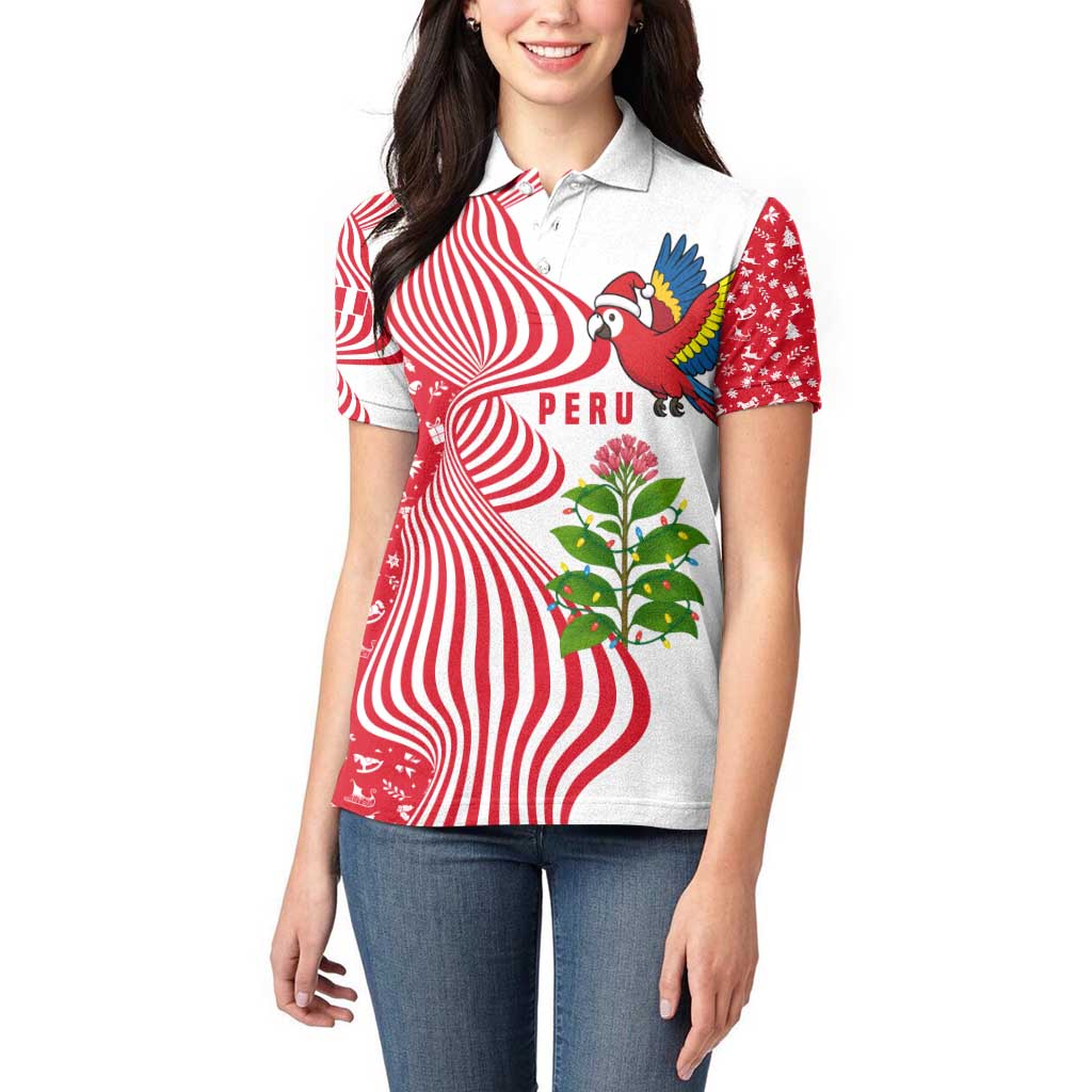 Peru Christmas Women Polo Shirt with Santa Macaw Cantuta Flower Red Swirl Pattern and Festive Design - Wonder Print Shop