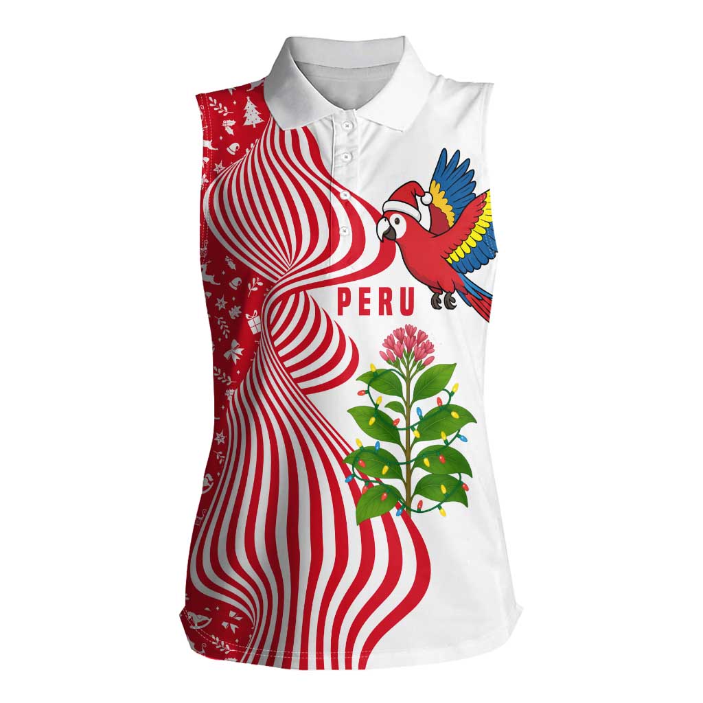 Peru Christmas Women Sleeveless Polo Shirt with Santa Macaw Cantuta Flower Red Swirl Pattern and Festive Design - Wonder Print Shop