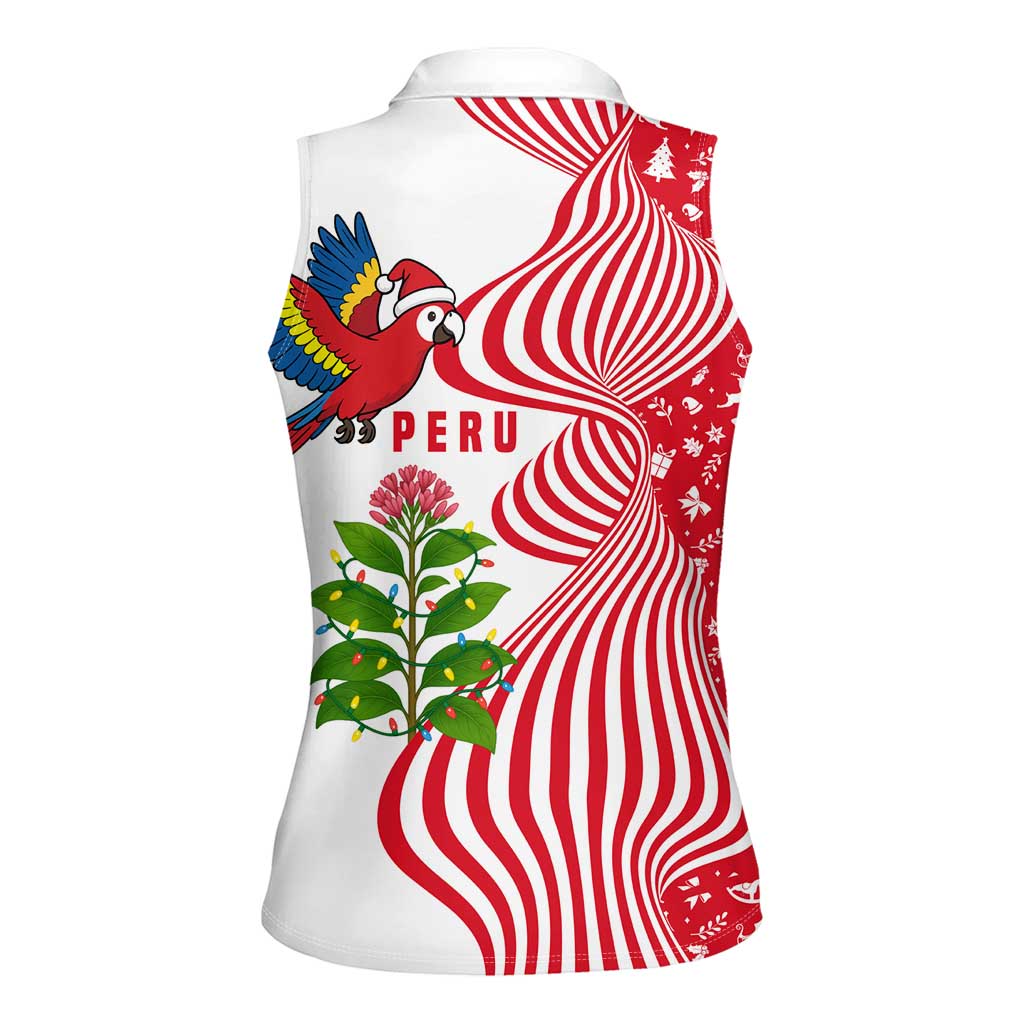 Peru Christmas Women Sleeveless Polo Shirt with Santa Macaw Cantuta Flower Red Swirl Pattern and Festive Design - Wonder Print Shop