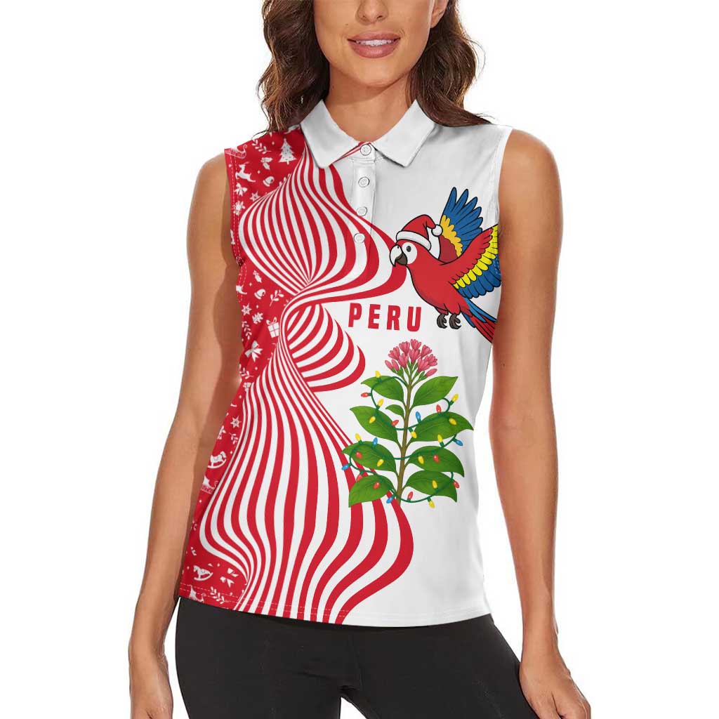 Peru Christmas Women Sleeveless Polo Shirt with Santa Macaw Cantuta Flower Red Swirl Pattern and Festive Design - Wonder Print Shop