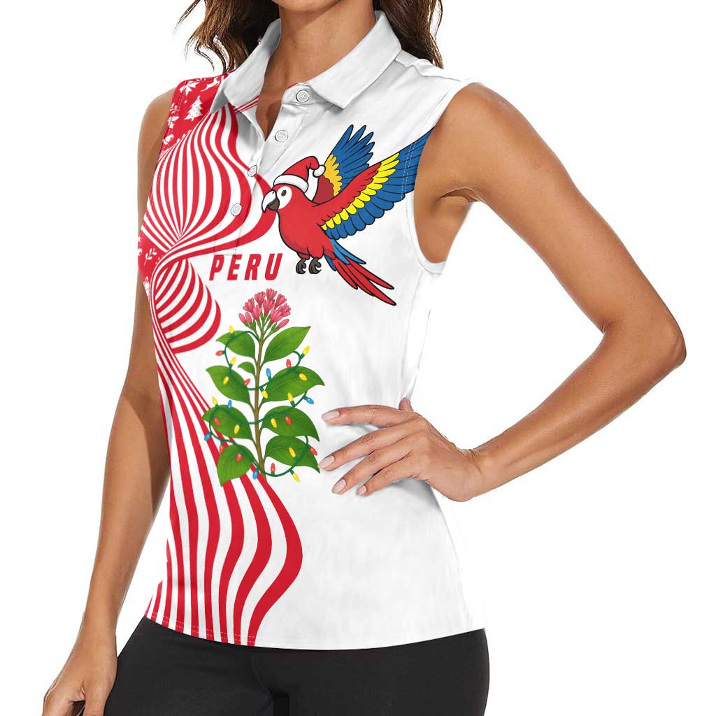Peru Christmas Women Sleeveless Polo Shirt with Santa Macaw Cantuta Flower Red Swirl Pattern and Festive Design - Wonder Print Shop
