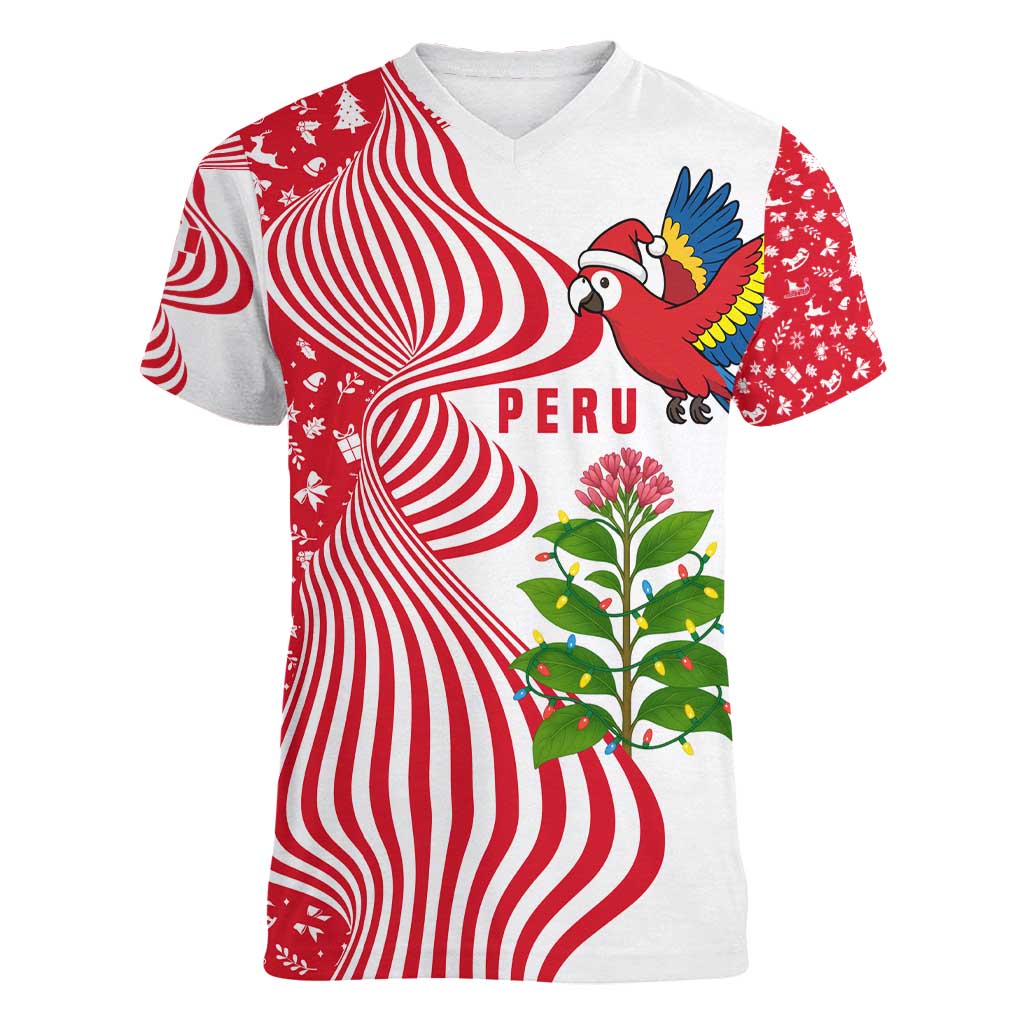 Peru Christmas Women V-Neck T-Shirt with Santa Macaw Cantuta Flower Red Swirl Pattern and Festive Design - Wonder Print Shop