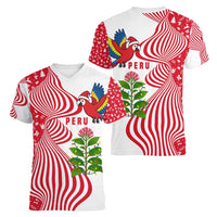 Peru Christmas Women V-Neck T-Shirt with Santa Macaw Cantuta Flower Red Swirl Pattern and Festive Design - Wonder Print Shop
