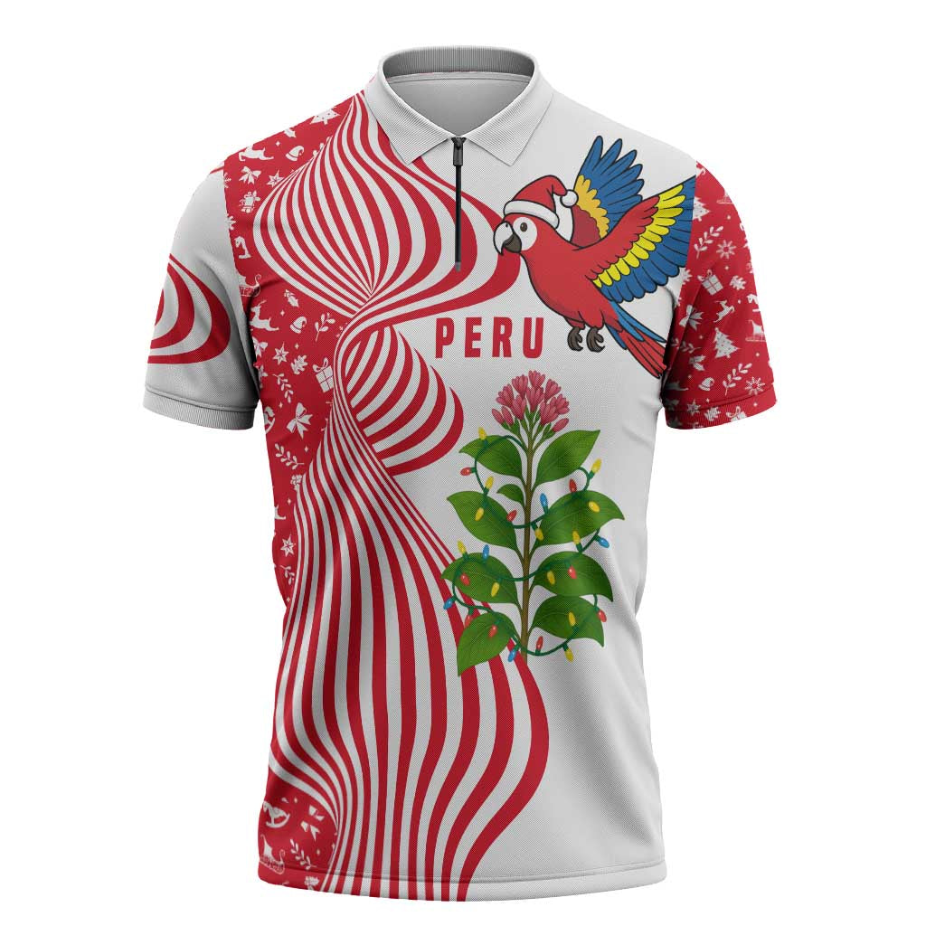 Peru Christmas Zipper Polo Shirt with Santa Macaw Cantuta Flower Red Swirl Pattern and Festive Design - Wonder Print Shop