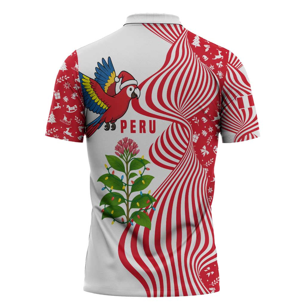 Peru Christmas Zipper Polo Shirt with Santa Macaw Cantuta Flower Red Swirl Pattern and Festive Design - Wonder Print Shop