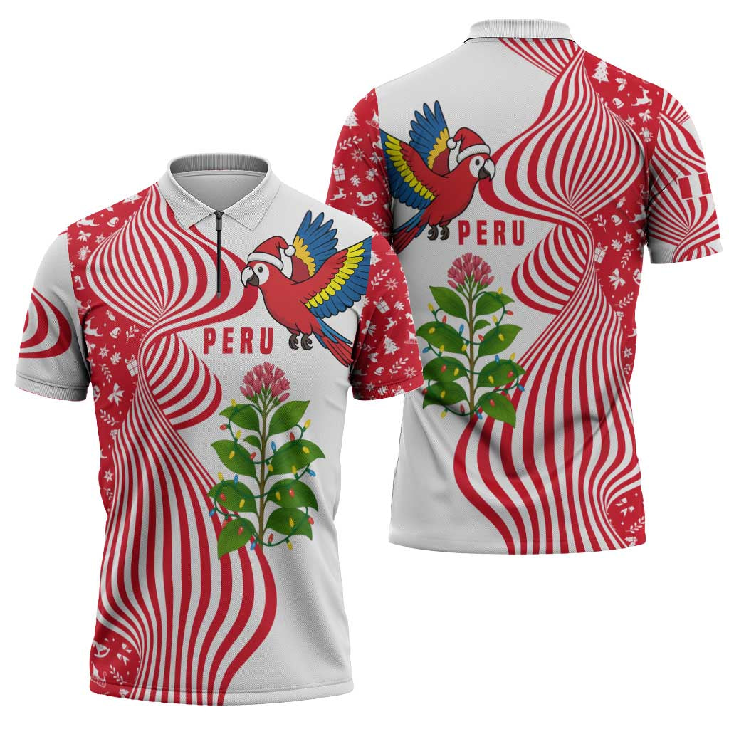 Peru Christmas Zipper Polo Shirt with Santa Macaw Cantuta Flower Red Swirl Pattern and Festive Design - Wonder Print Shop