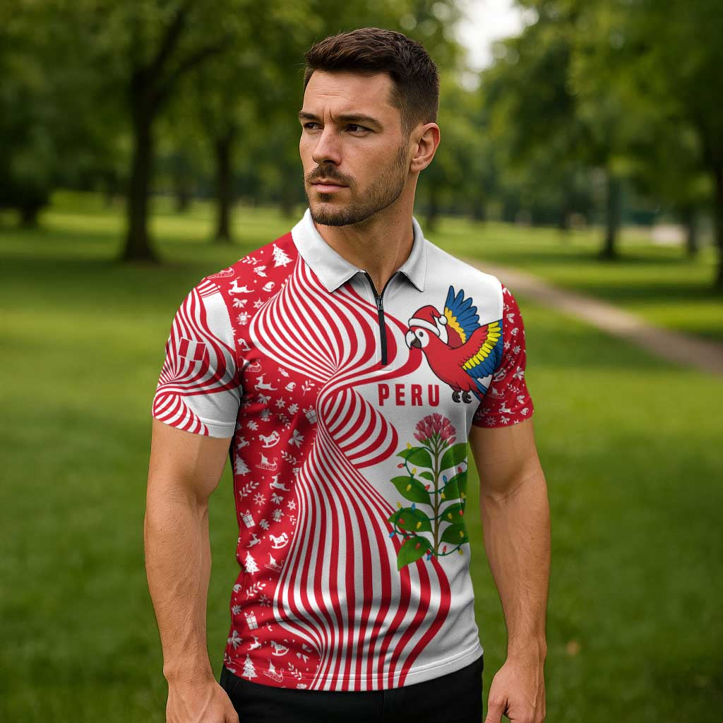 Peru Christmas Zipper Polo Shirt with Santa Macaw Cantuta Flower Red Swirl Pattern and Festive Design - Wonder Print Shop
