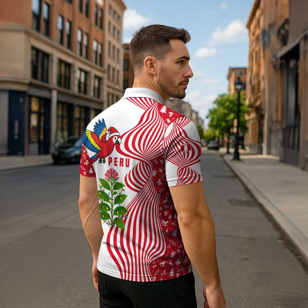 Peru Christmas Zipper Polo Shirt with Santa Macaw Cantuta Flower Red Swirl Pattern and Festive Design - Wonder Print Shop