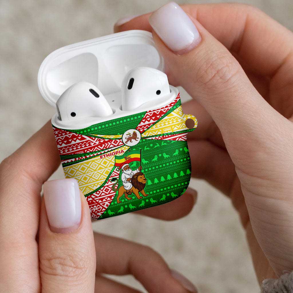 Ethiopia Christmas AirPods Case with Santa Riding Lion Ethiopian Flag Colors and Tribal Pattern Design - Wonder Print Shop
