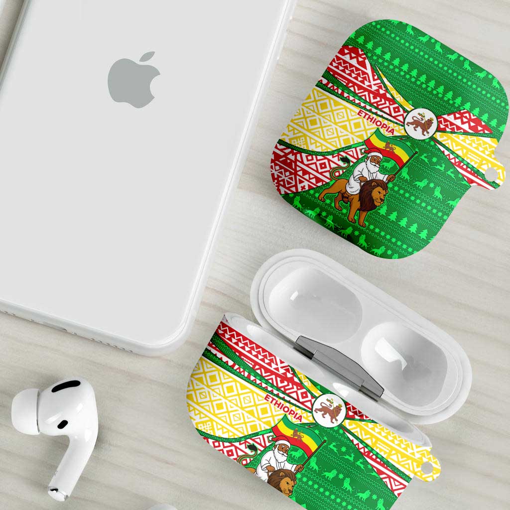 Ethiopia Christmas AirPods Case with Santa Riding Lion Ethiopian Flag Colors and Tribal Pattern Design - Wonder Print Shop