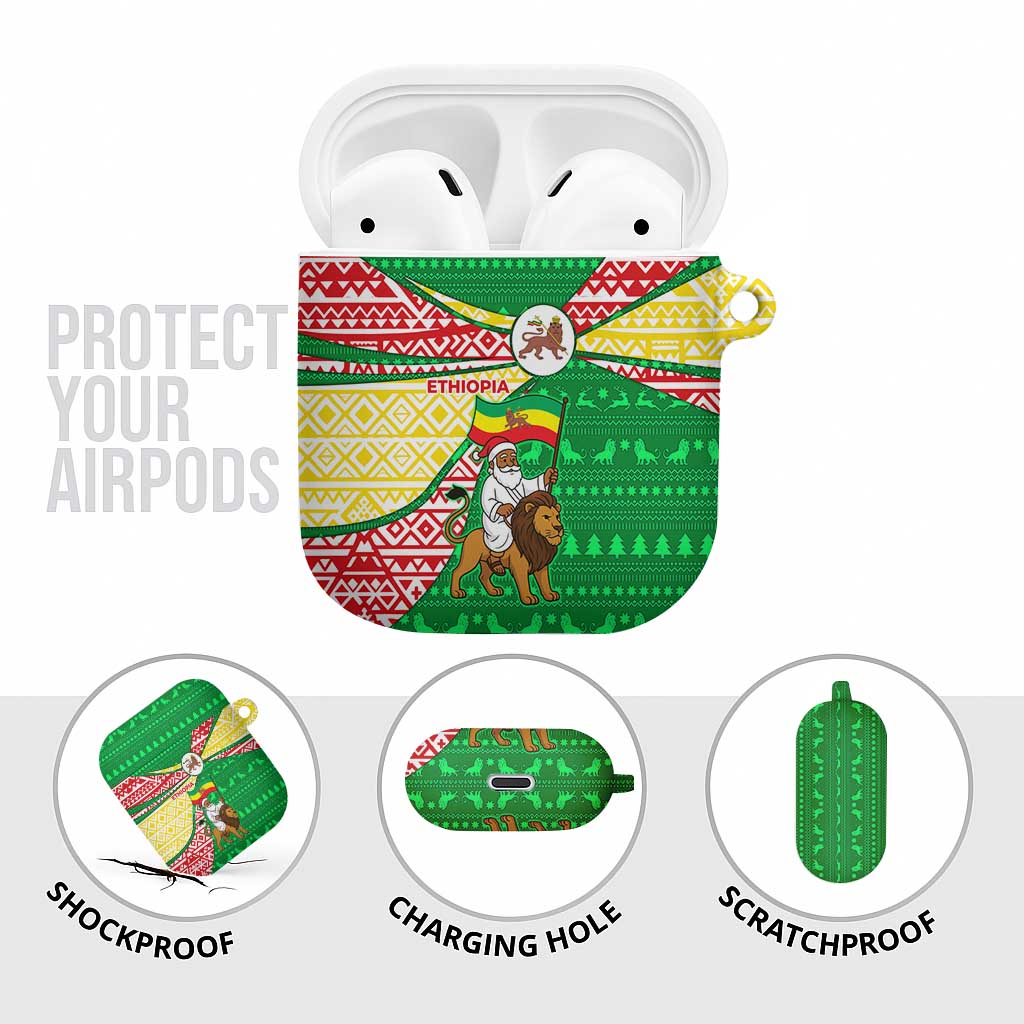 Ethiopia Christmas AirPods Case with Santa Riding Lion Ethiopian Flag Colors and Tribal Pattern Design - Wonder Print Shop