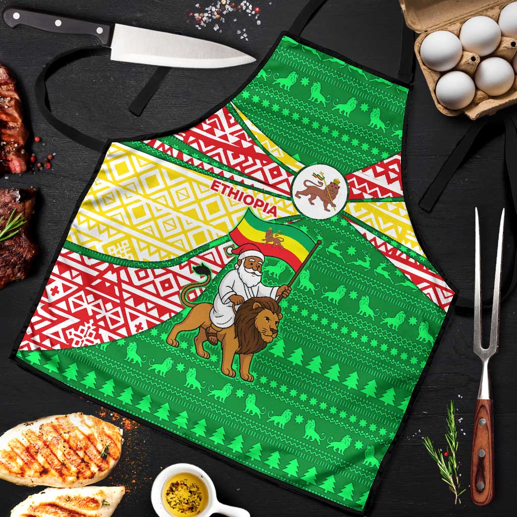 Ethiopia Christmas Apron with Santa Riding Lion Ethiopian Flag Colors and Tribal Pattern Design - Wonder Print Shop