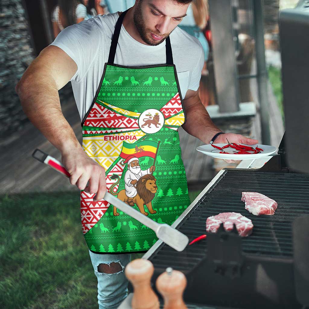 Ethiopia Christmas Apron with Santa Riding Lion Ethiopian Flag Colors and Tribal Pattern Design - Wonder Print Shop