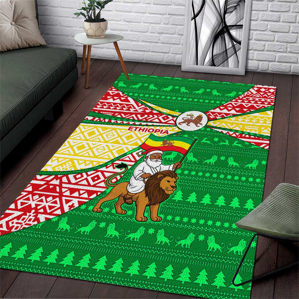 Ethiopia Christmas Area Rug with Santa Riding Lion Ethiopian Flag Colors and Tribal Pattern Design - Wonder Print Shop