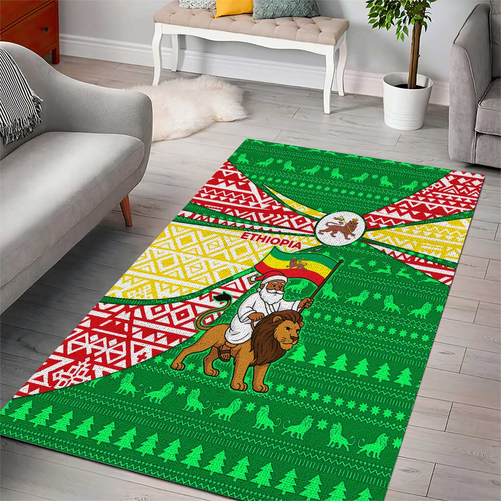 Ethiopia Christmas Area Rug with Santa Riding Lion Ethiopian Flag Colors and Tribal Pattern Design - Wonder Print Shop