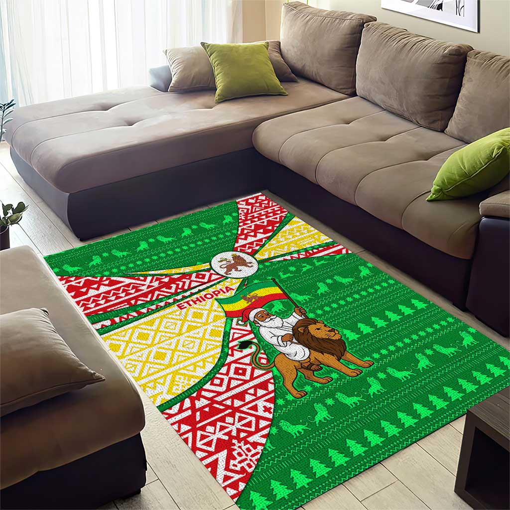 Ethiopia Christmas Area Rug with Santa Riding Lion Ethiopian Flag Colors and Tribal Pattern Design - Wonder Print Shop