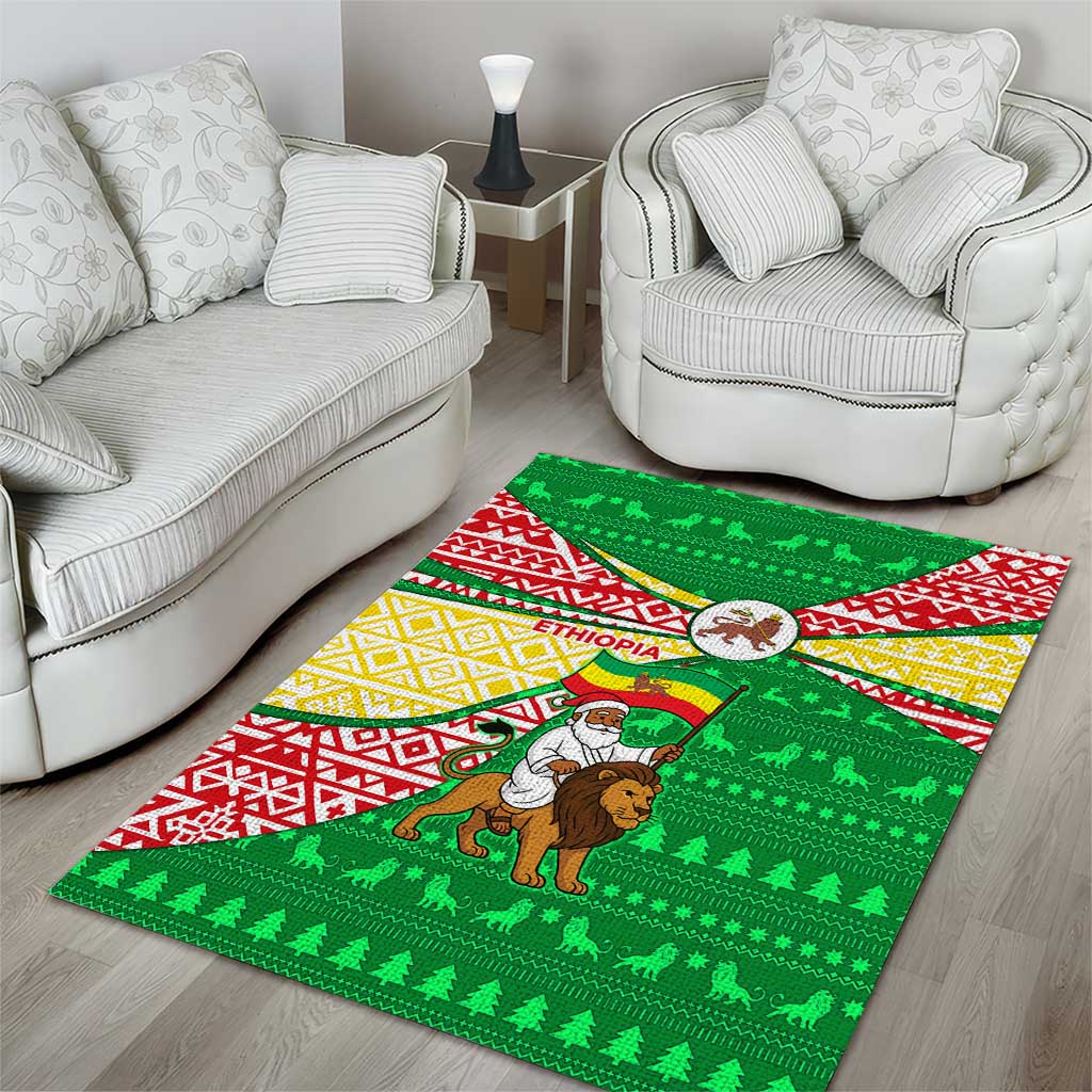 Ethiopia Christmas Area Rug with Santa Riding Lion Ethiopian Flag Colors and Tribal Pattern Design - Wonder Print Shop