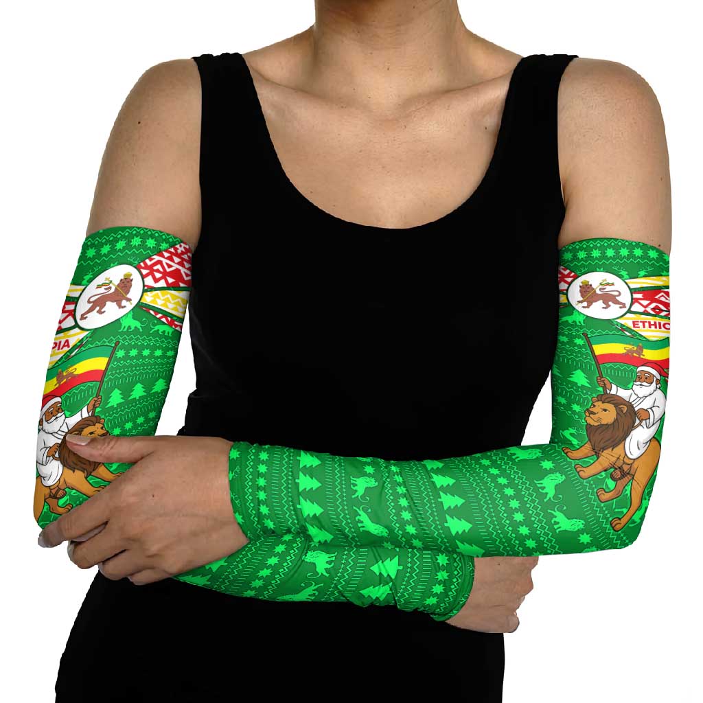 Ethiopia Christmas Arm Sleeves with Santa Riding Lion Ethiopian Flag Colors and Tribal Pattern Design - Wonder Print Shop