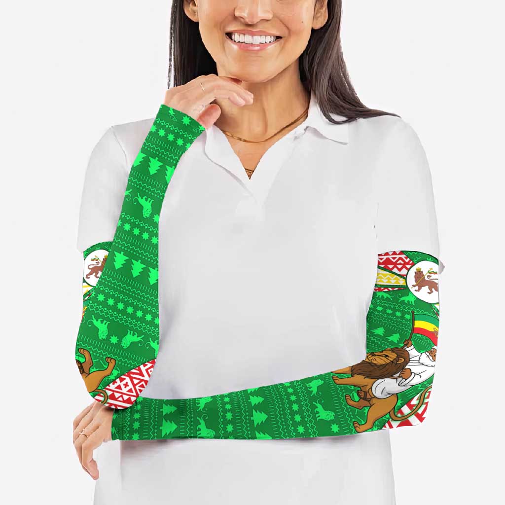 Ethiopia Christmas Arm Sleeves with Santa Riding Lion Ethiopian Flag Colors and Tribal Pattern Design - Wonder Print Shop
