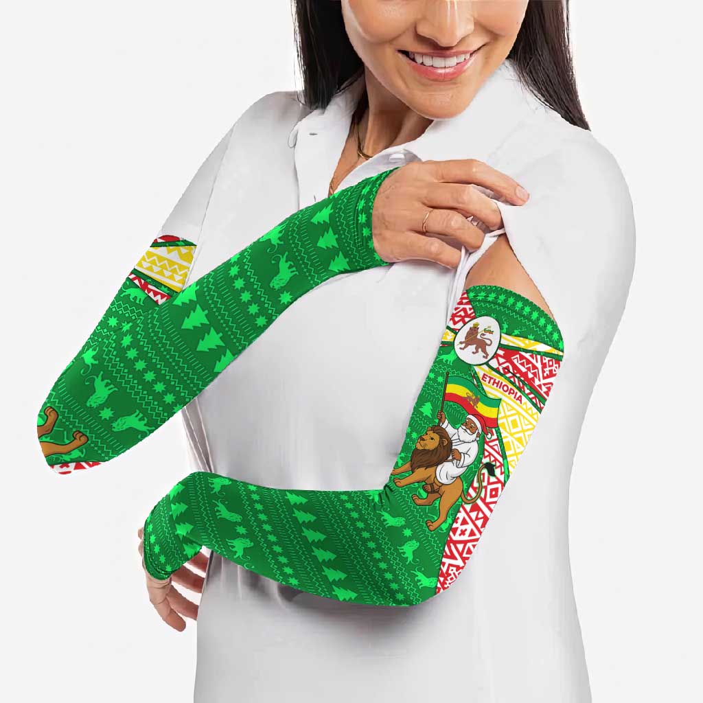 Ethiopia Christmas Arm Sleeves with Santa Riding Lion Ethiopian Flag Colors and Tribal Pattern Design - Wonder Print Shop