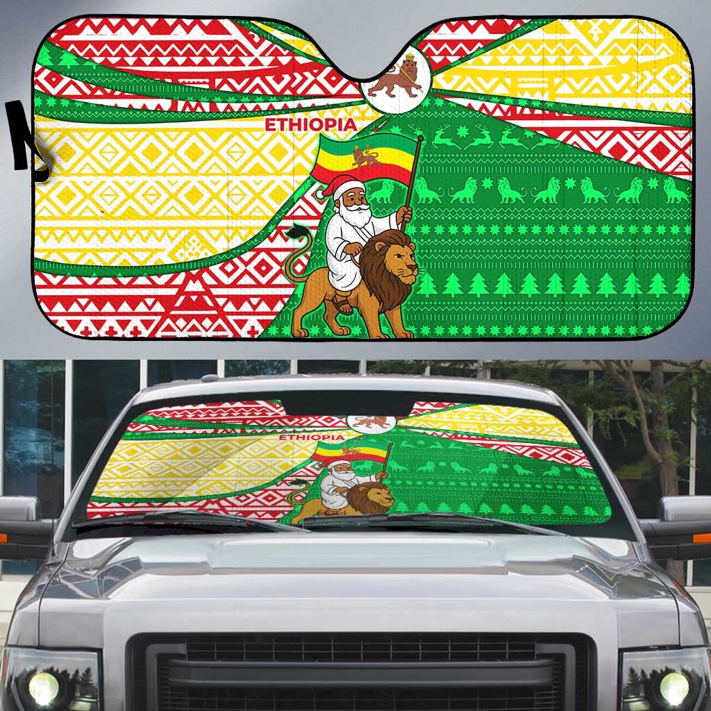 Ethiopia Christmas Auto Sun Shade with Santa Riding Lion Ethiopian Flag Colors and Tribal Pattern Design - Wonder Print Shop