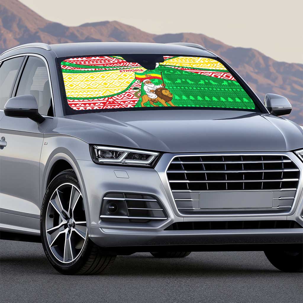 Ethiopia Christmas Auto Sun Shade with Santa Riding Lion Ethiopian Flag Colors and Tribal Pattern Design - Wonder Print Shop