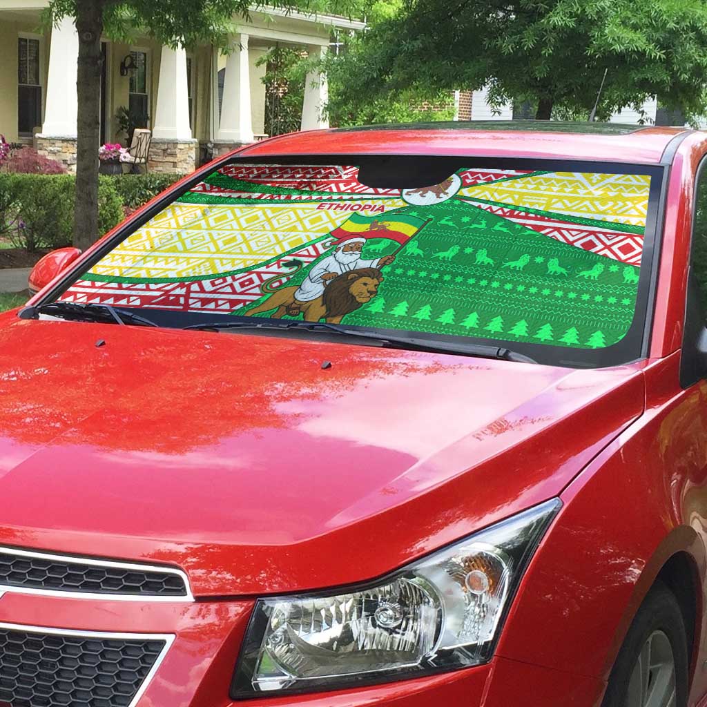 Ethiopia Christmas Auto Sun Shade with Santa Riding Lion Ethiopian Flag Colors and Tribal Pattern Design - Wonder Print Shop