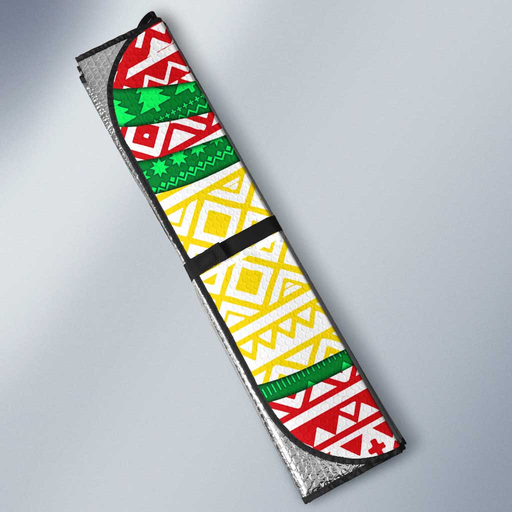 Ethiopia Christmas Auto Sun Shade with Santa Riding Lion Ethiopian Flag Colors and Tribal Pattern Design - Wonder Print Shop