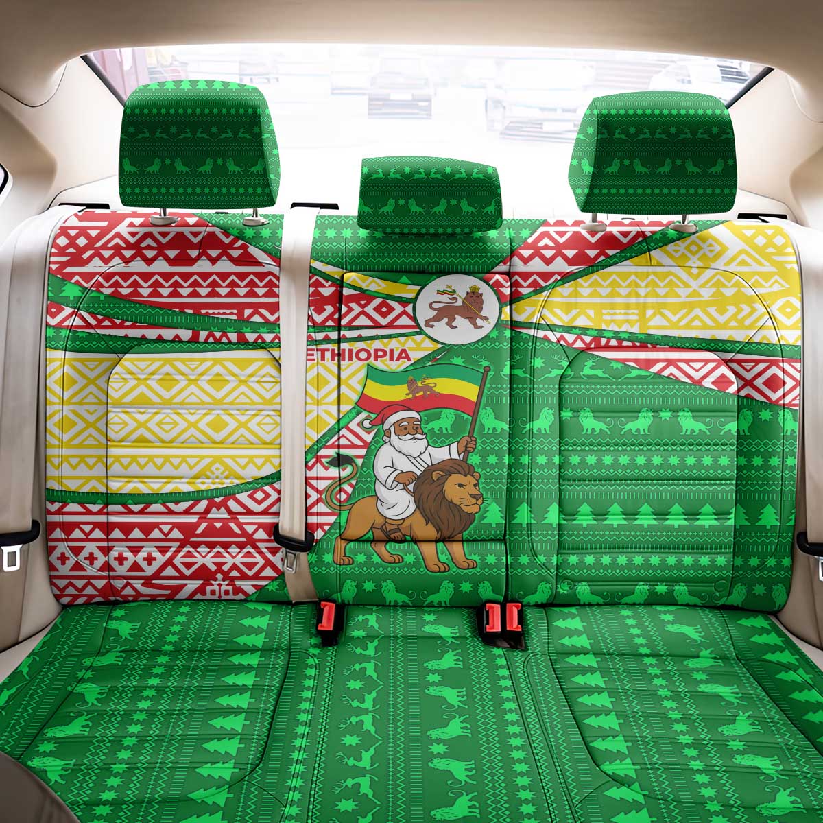 Ethiopia Christmas Back Car Seat Cover with Santa Riding Lion Ethiopian Flag Colors and Tribal Pattern Design - Wonder Print Shop