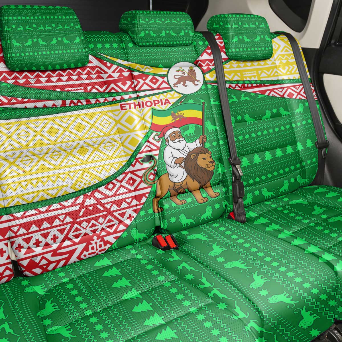Ethiopia Christmas Back Car Seat Cover with Santa Riding Lion Ethiopian Flag Colors and Tribal Pattern Design - Wonder Print Shop