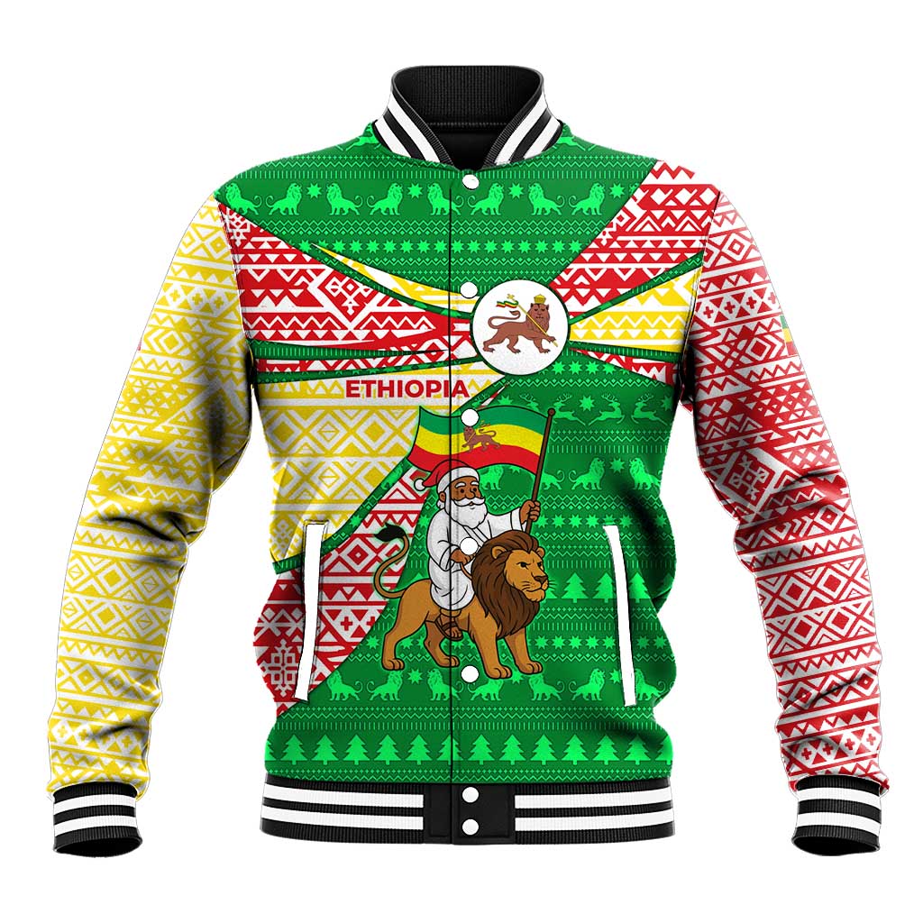 Ethiopia Christmas Baseball Jacket with Santa Riding Lion Ethiopian Flag Colors and Tribal Pattern Design - Wonder Print Shop