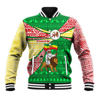 Ethiopia Christmas Baseball Jacket with Santa Riding Lion Ethiopian Flag Colors and Tribal Pattern Design - Wonder Print Shop
