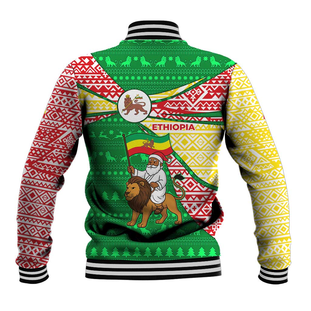 Ethiopia Christmas Baseball Jacket with Santa Riding Lion Ethiopian Flag Colors and Tribal Pattern Design - Wonder Print Shop