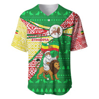 Ethiopia Christmas Baseball Jersey with Santa Riding Lion Ethiopian Flag Colors and Tribal Pattern Design - Wonder Print Shop