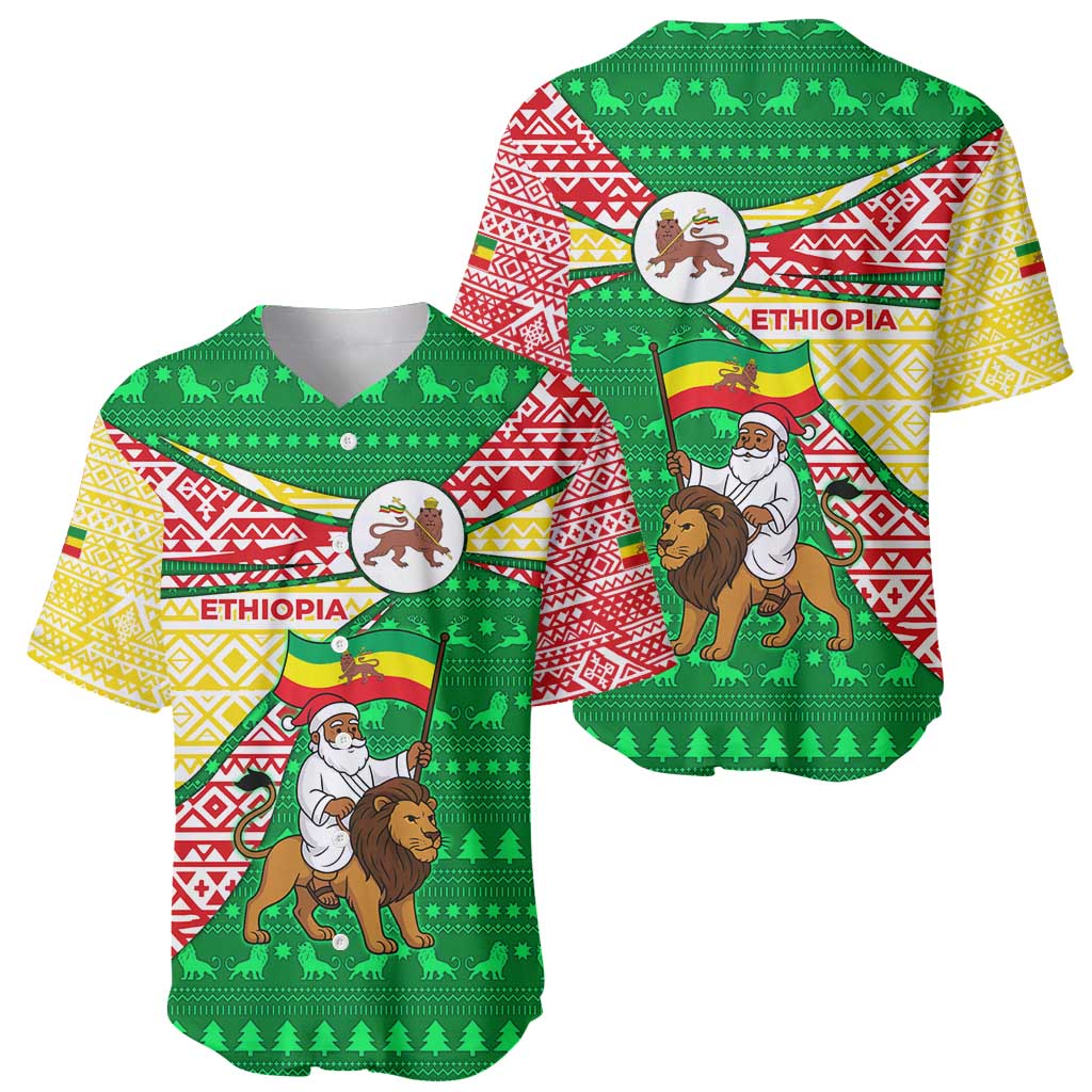 Ethiopia Christmas Baseball Jersey with Santa Riding Lion Ethiopian Flag Colors and Tribal Pattern Design - Wonder Print Shop