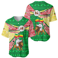Ethiopia Christmas Baseball Jersey with Santa Riding Lion Ethiopian Flag Colors and Tribal Pattern Design - Wonder Print Shop